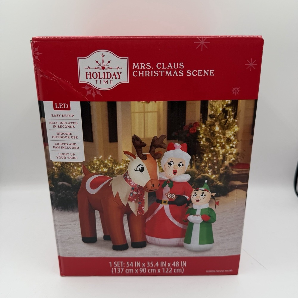 Holiday Time 4 Ft Mrs Claus Reindeer‎ & Elf Scene Christmas Airblown Inflatable